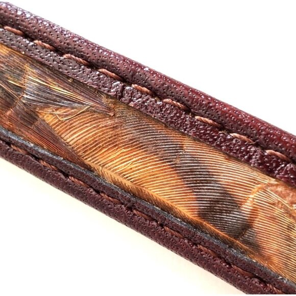 Vintage Brown Leather Feather Inlay Belt With Brass Buckle - Picture 5 of 6